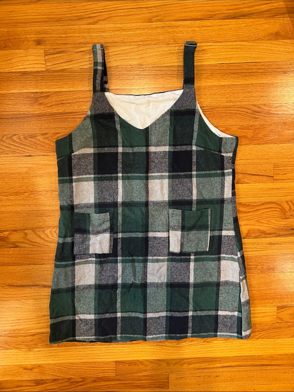 Plaid Green and Gray Overall V-neck Dress with Pockets